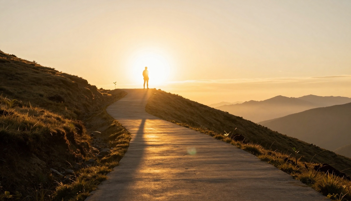 A person stands on a winding path atop a hill during sunrise, casting a long shadow. The sky is golden, and mountains are visible in the background.