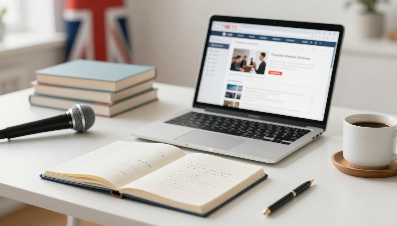 A workspace with an open laptop displaying a website, a notebook with writing, a pen, a microphone, stacked books, a cup of coffee, and a blurred British flag in the background.
