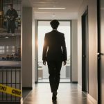 A person in a suit walks down a hallway towards bright light. Inset images show a bus scene, a man with tools, wrestlers in a ring, and caution tape.