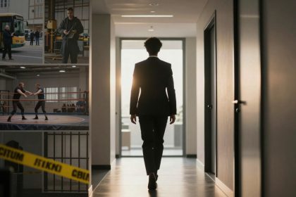 A person in a suit walks down a hallway towards bright light. Inset images show a bus scene, a man with tools, wrestlers in a ring, and caution tape.