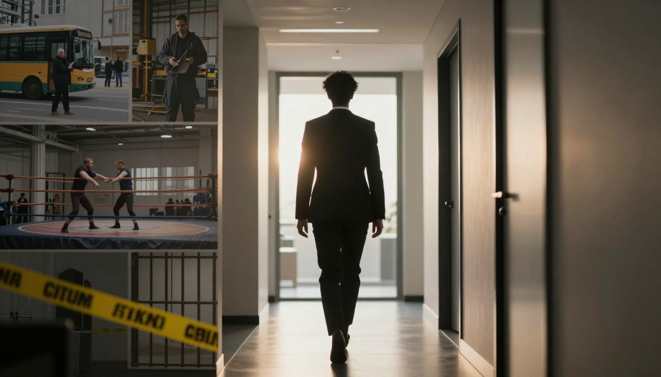 A person in a suit walks down a hallway towards bright light. Inset images show a bus scene, a man with tools, wrestlers in a ring, and caution tape.