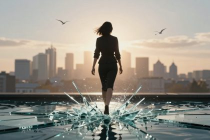A person in dark clothing walks on shattered glass with a city skyline and birds in the background, under a setting sun.
