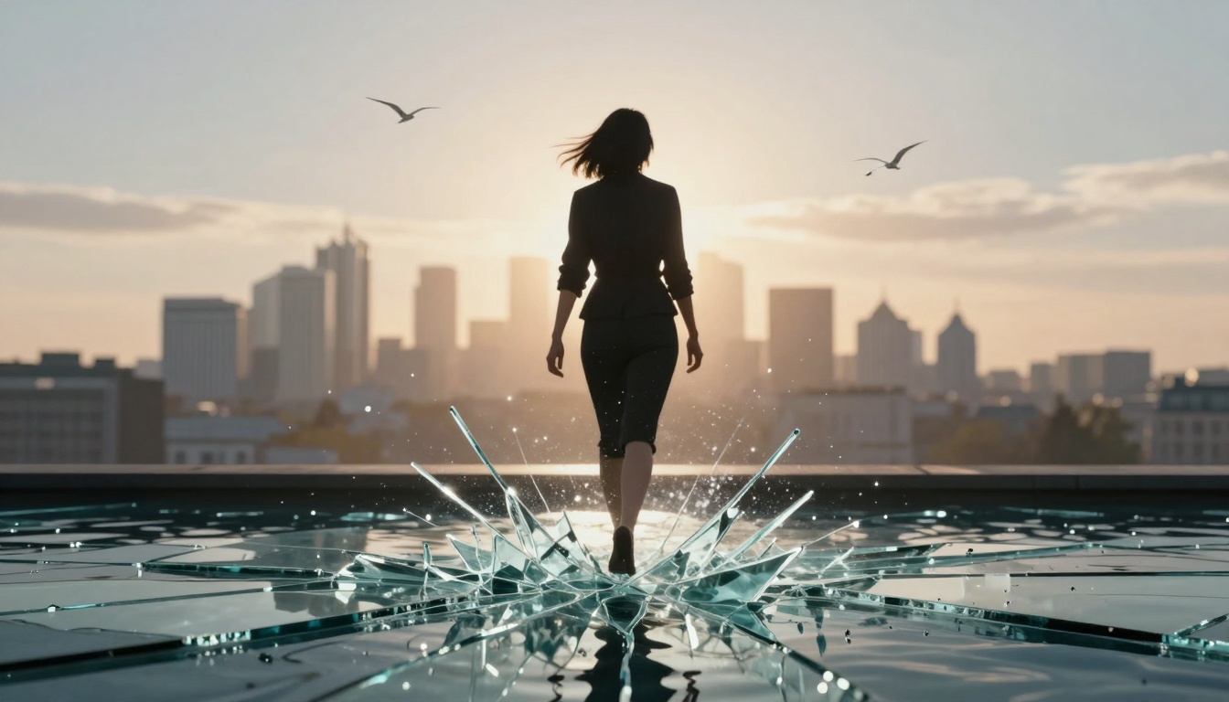 A person in dark clothing walks on shattered glass with a city skyline and birds in the background, under a setting sun.