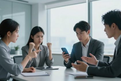 Four people in a meeting room, two men and two women, all wearing business attire. The woman on the left is pointing, the woman next to her has clenched fists, the man next to her is focused on a smartphone, and the man on the right is gesturing with his hands. A tablet and papers are on the table.