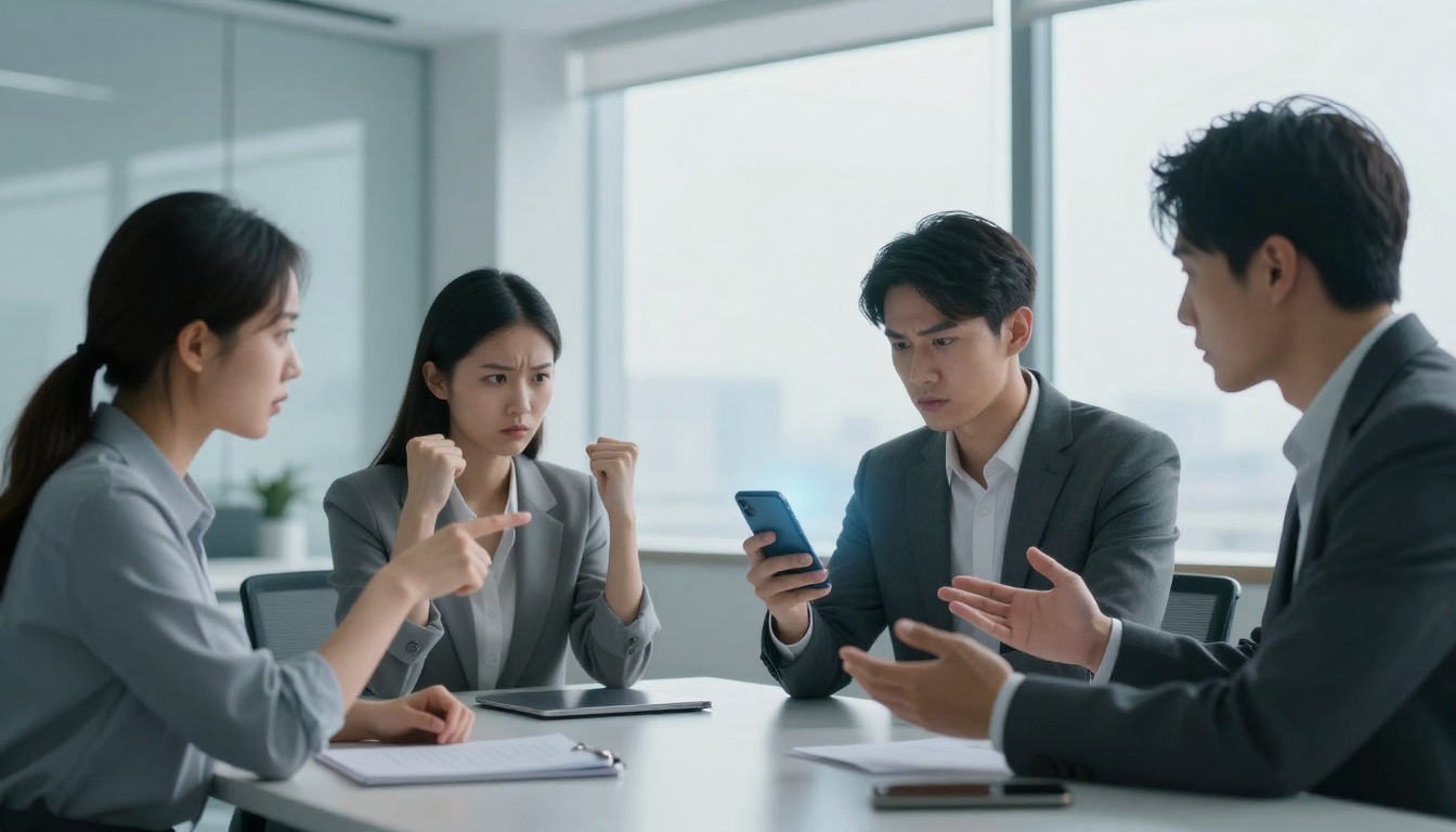 Four people in a meeting room, two men and two women, all wearing business attire. The woman on the left is pointing, the woman next to her has clenched fists, the man next to her is focused on a smartphone, and the man on the right is gesturing with his hands. A tablet and papers are on the table.