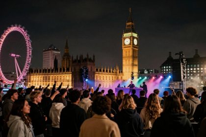 Crowd at a nighttime outdoor concert in London, with the illuminated London Eye and Big Ben in the background. Colorful stage lights enhance the scene.
