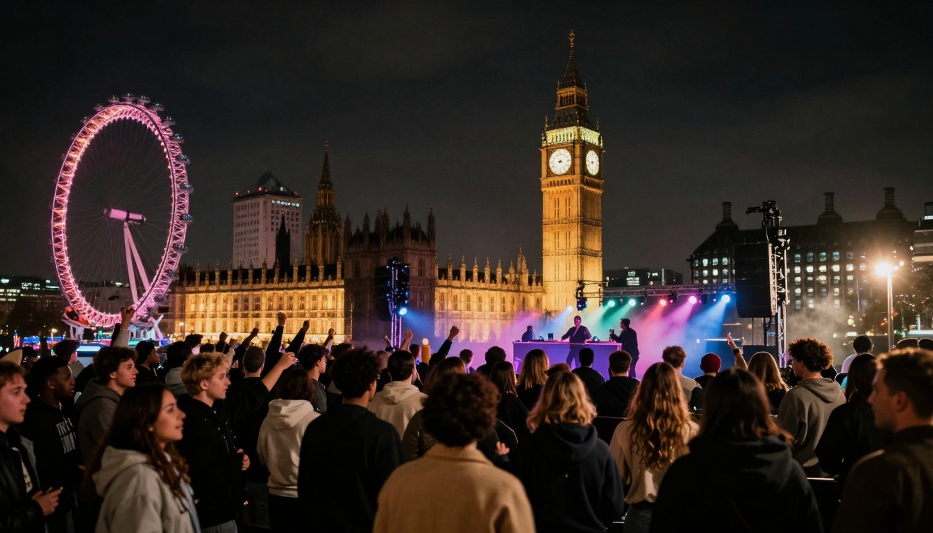 Crowd at a nighttime outdoor concert in London, with the illuminated London Eye and Big Ben in the background. Colorful stage lights enhance the scene.