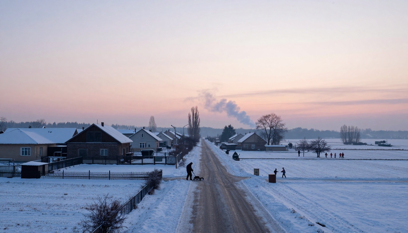 Snow-covered rural road at sunrise, bordered by houses with snowy roofs. A person shovels snow, and children walk in the distance. Smoke rises in the sky.