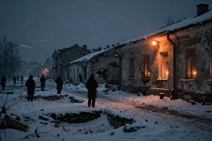 Snow-covered street at dusk with several people walking. Damaged buildings line the road, lit by orange streetlights and candles in windows.
