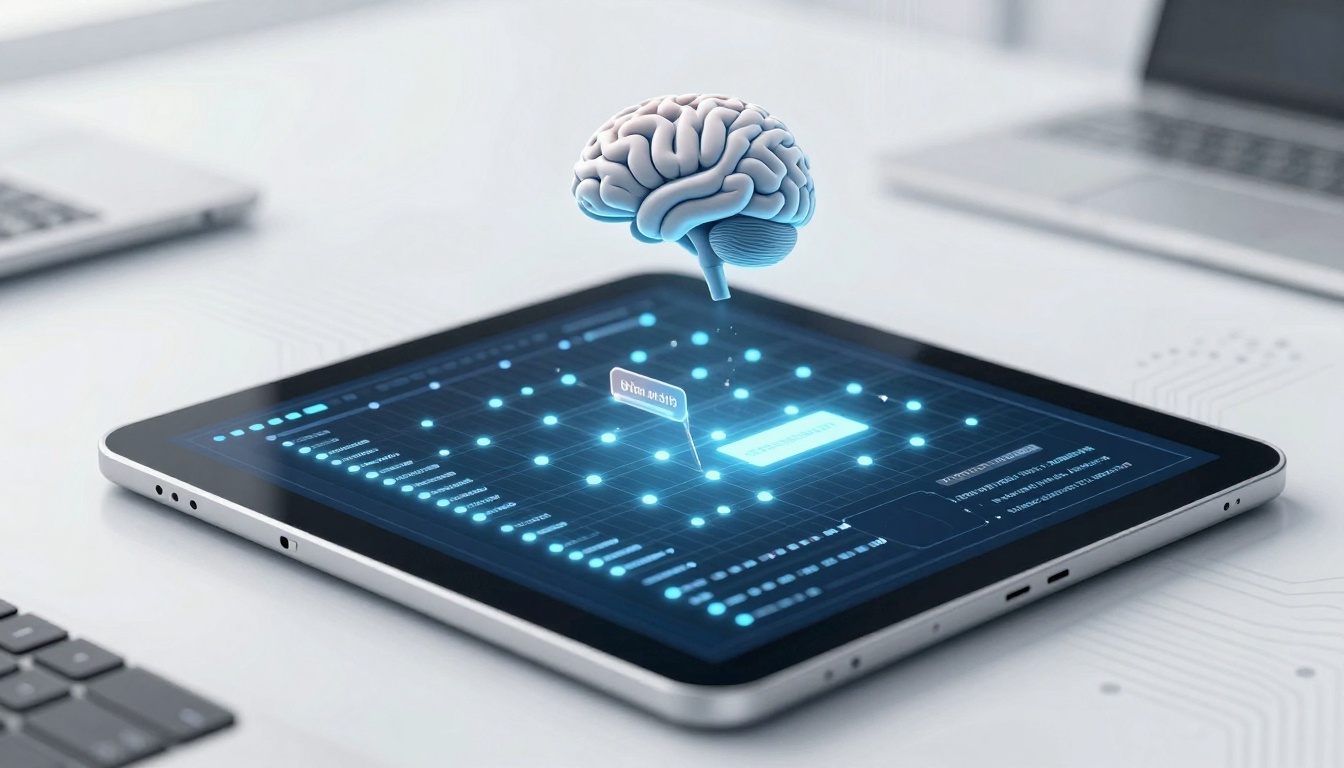 A 3D-rendered brain hovers above a digital tablet displaying a grid with glowing nodes and data points, symbolizing AI or technology.