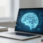A laptop on a white desk displays a glowing blue digital brain graphic. Nearby are a potted plant, books, and a smartphone.