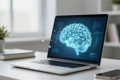 A laptop on a white desk displays a glowing blue digital brain graphic. Nearby are a potted plant, books, and a smartphone.