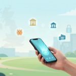 A person holds a smartphone with digital icons floating above it, including a piggy bank, bank buildings, a newspaper, and a padlock. The background shows a park scene with a city skyline and a map outline.
