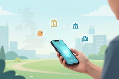 A person holds a smartphone with digital icons floating above it, including a piggy bank, bank buildings, a newspaper, and a padlock. The background shows a park scene with a city skyline and a map outline.