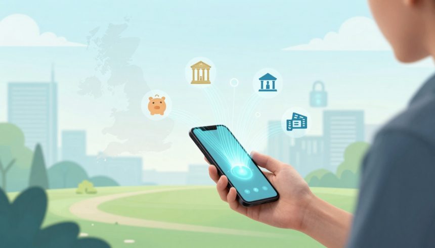 A person holds a smartphone with digital icons floating above it, including a piggy bank, bank buildings, a newspaper, and a padlock. The background shows a park scene with a city skyline and a map outline.
