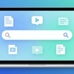 A laptop screen displays a search bar with magnifying glass icons on each end. Surrounding it are icons of documents and videos on a blue-green gradient background.