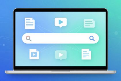 A laptop screen displays a search bar with magnifying glass icons on each end. Surrounding it are icons of documents and videos on a blue-green gradient background.
