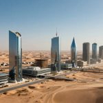 A futuristic cityscape with tall, reflective skyscrapers set against a desert backdrop. Sand dunes surround the urban area, and construction cranes are visible, indicating ongoing development. A road runs parallel to the buildings.