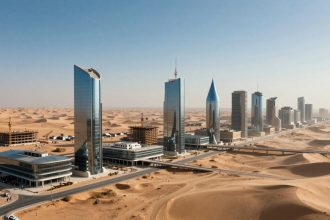 A futuristic cityscape with tall, reflective skyscrapers set against a desert backdrop. Sand dunes surround the urban area, and construction cranes are visible, indicating ongoing development. A road runs parallel to the buildings.