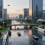 Futuristic cityscape with cars driving on a waterway, surrounded by tall glass skyscrapers. Two drones hover in the sky. Solar panels and greenery line the sides.