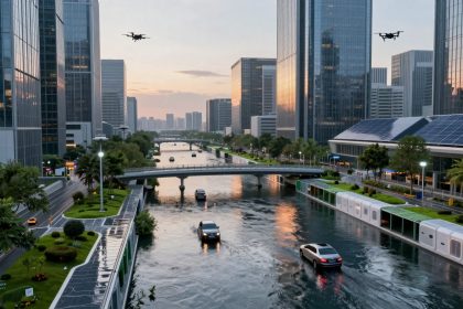 Futuristic cityscape with cars driving on a waterway, surrounded by tall glass skyscrapers. Two drones hover in the sky. Solar panels and greenery line the sides.
