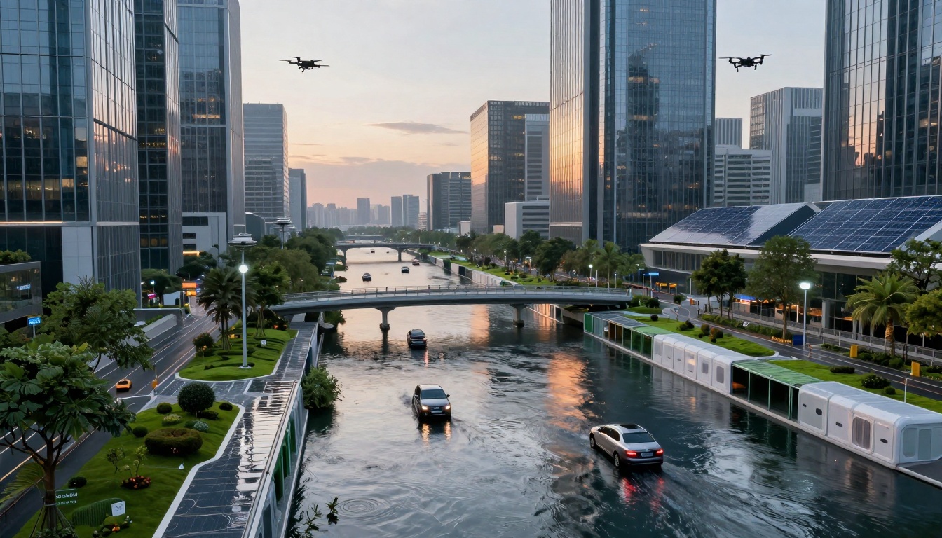 Futuristic cityscape with cars driving on a waterway, surrounded by tall glass skyscrapers. Two drones hover in the sky. Solar panels and greenery line the sides.