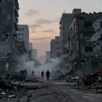 War-torn urban scene with damaged buildings, debris, and smoke. Five silhouetted figures walk down a rubble-strewn street at dawn.