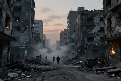 War-torn urban scene with damaged buildings, debris, and smoke. Five silhouetted figures walk down a rubble-strewn street at dawn.
