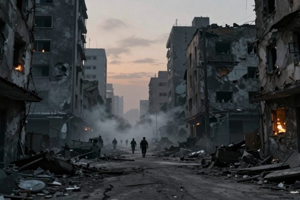 War-torn urban scene with damaged buildings, debris, and smoke. Five silhouetted figures walk down a rubble-strewn street at dawn.