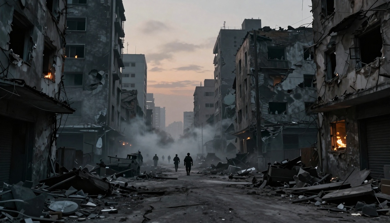 War-torn urban scene with damaged buildings, debris, and smoke. Five silhouetted figures walk down a rubble-strewn street at dawn.