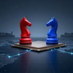Two chess knights, one red and one blue, face each other on a computer chip. The background shows a digital world map with two cargo ships.
