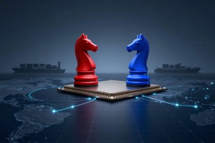 Two chess knights, one red and one blue, face each other on a computer chip. The background shows a digital world map with two cargo ships.