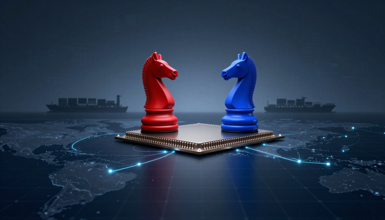 Two chess knights, one red and one blue, face each other on a computer chip. The background shows a digital world map with two cargo ships.