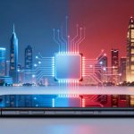 A smartphone lies on a reflective surface, displaying a city skyline with skyscrapers. A digital circuit board graphic hovers above, split into blue and red halves.