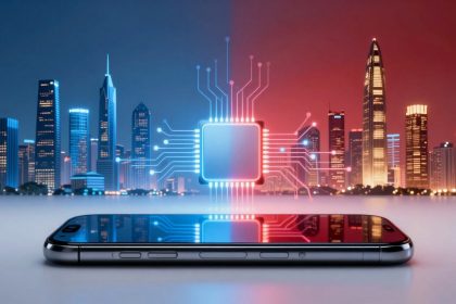A smartphone lies on a reflective surface, displaying a city skyline with skyscrapers. A digital circuit board graphic hovers above, split into blue and red halves.