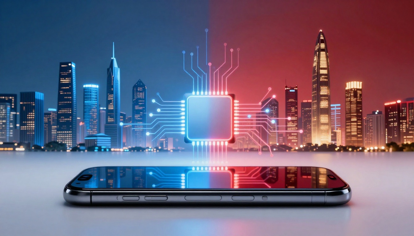 A smartphone lies on a reflective surface, displaying a city skyline with skyscrapers. A digital circuit board graphic hovers above, split into blue and red halves.
