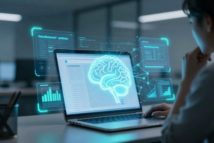 A person sits at a desk looking at a laptop displaying a digital brain hologram. Surrounding the laptop are virtual data graphs and charts, depicted in glowing blue. The setting is a modern office.