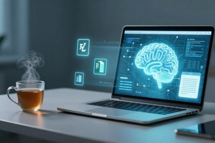 A laptop displaying a digital brain hologram sits on a table. Nearby, a steaming cup of tea and a smartphone are visible. The setting is a modern workspace.