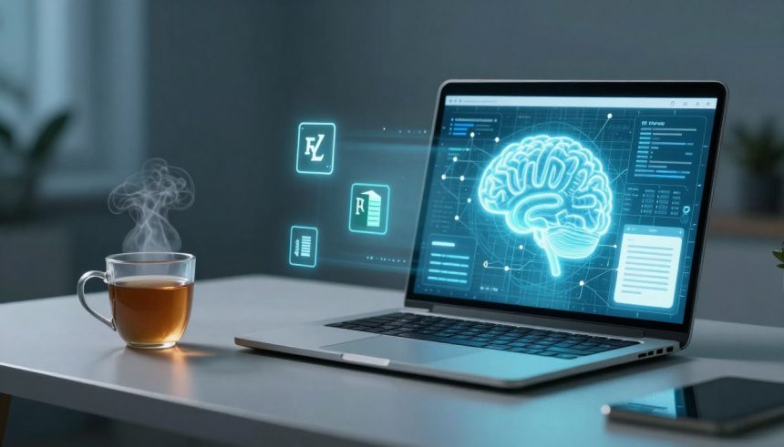 A laptop displaying a digital brain hologram sits on a table. Nearby, a steaming cup of tea and a smartphone are visible. The setting is a modern workspace.