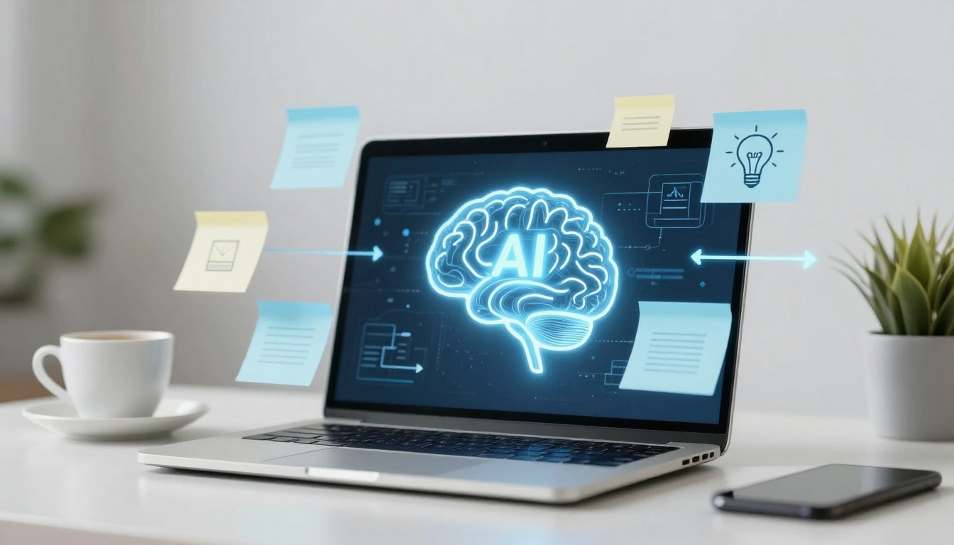 A laptop on a white desk displays a digital brain with "AI" on the screen. Sticky notes with icons and text surround it. Nearby are a coffee cup, a smartphone, and a potted plant.