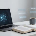 A laptop displaying a digital network diagram sits on a white desk. An open book, a blue mug, and wireless earbuds are nearby. Floating text elements suggest a digital connection theme.