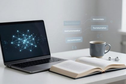 A laptop displaying a digital network diagram sits on a white desk. An open book, a blue mug, and wireless earbuds are nearby. Floating text elements suggest a digital connection theme.