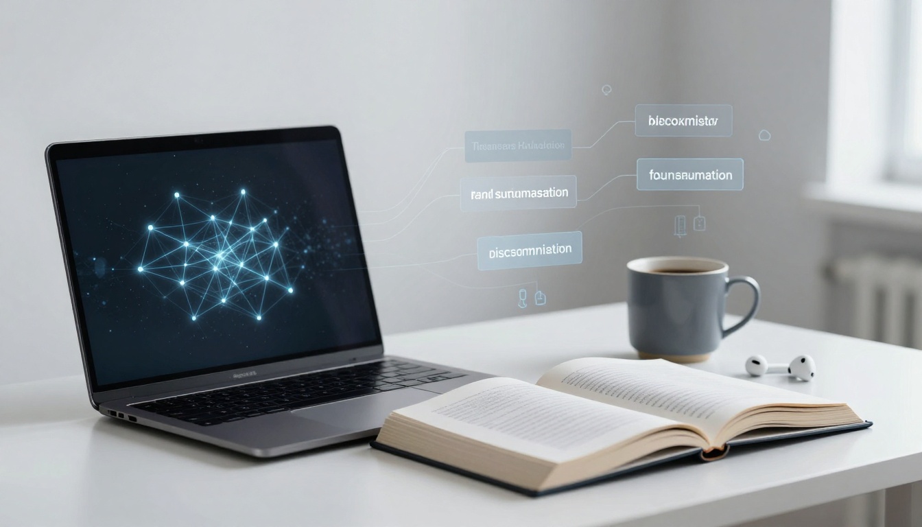 A laptop displaying a digital network diagram sits on a white desk. An open book, a blue mug, and wireless earbuds are nearby. Floating text elements suggest a digital connection theme.