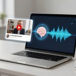 A laptop on a desk displays a brain icon with sound waves on the screen. A floating video thumbnail shows a person with glasses. A smartphone and plant are nearby.