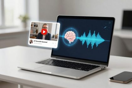 A laptop on a desk displays a brain icon with sound waves on the screen. A floating video thumbnail shows a person with glasses. A smartphone and plant are nearby.