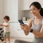 A woman in a gray workout outfit sits in a bright room using her smartphone, wearing a smartwatch. A child with curly hair stands nearby, holding a white bicycle.