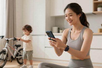 A woman in a gray workout outfit sits in a bright room using her smartphone, wearing a smartwatch. A child with curly hair stands nearby, holding a white bicycle.