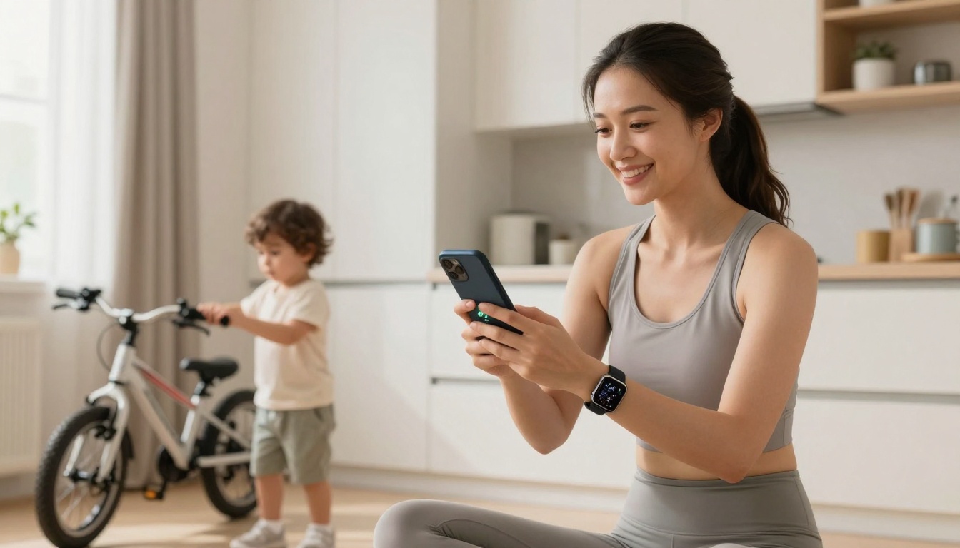 A woman in a gray workout outfit sits in a bright room using her smartphone, wearing a smartwatch. A child with curly hair stands nearby, holding a white bicycle.