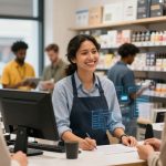 A smiling cashier wearing a blue apron assists two customers at a counter. Shelves with various products are visible in the background, and other staff members are working.