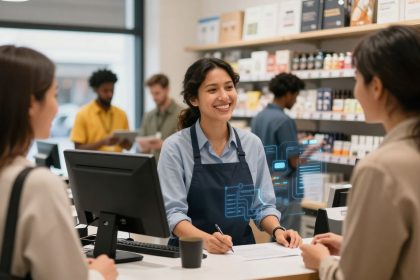 A smiling cashier wearing a blue apron assists two customers at a counter. Shelves with various products are visible in the background, and other staff members are working.